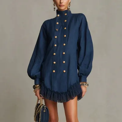 Blue Double Button High Neck Ruffle Dress