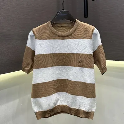 Striped Knit Short Sleeve Brown White Casual T-Shirt