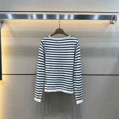 Striped Long Sleeve White Black Casual T-Shirt