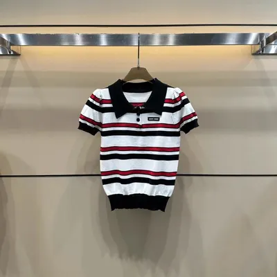 Striped Knit Polo White Black Red Casual Top