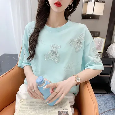 Mint Blue Embroidered Bear Print Casual T-Shirt