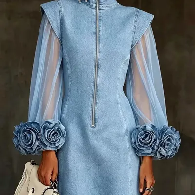 Denim Rose Sleeve Blue Elegant Dress