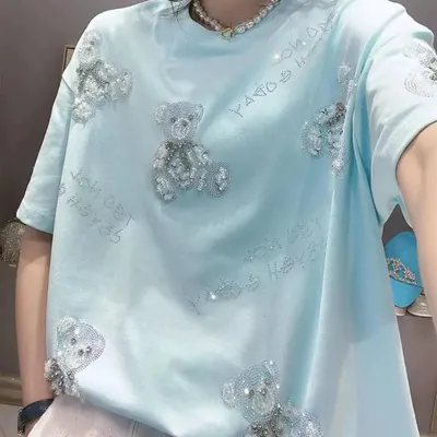 Cute Bear Embellished Light Blue T-Shirt