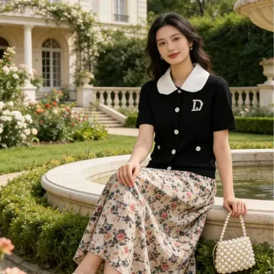 Black Short Sleeve Knit Top With White Collar And D Embroidery