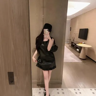 Black Leather Sleeveless Mini Dress With Frill Hem