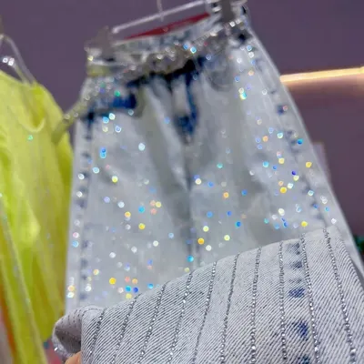 Denim Jeans Light Blue Rhinestone Embellished Pants