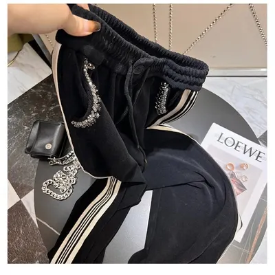 Black Track Pants With Rhinestone Trim Casual Style