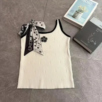 Ribbed Tank Top Cream With Scarf Detail Fashion