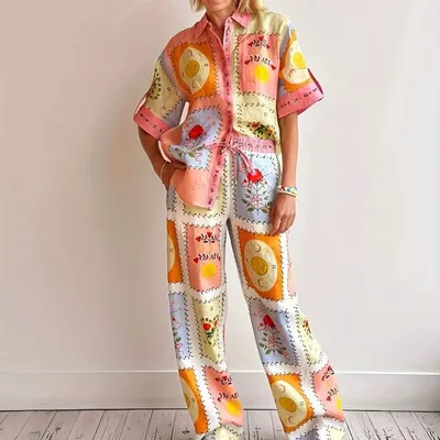 Patchwork Print Shirt Set Multicolor Boho Style