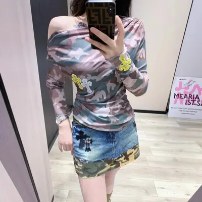 Camouflage Print Long Sleeve Off Shoulder Top Multicolor Fashion