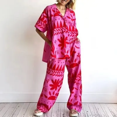 Pink Floral Print Loose Fit Pajama Set