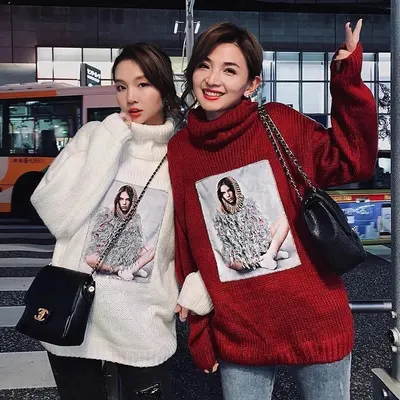 Knit Sweater With Print White Oversized Turtleneck