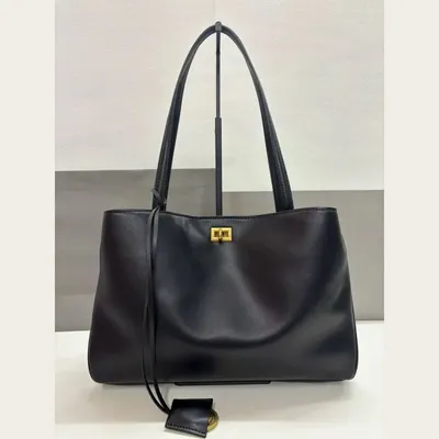 Black Leather Tote Bag With Gold Clasp Classic Style