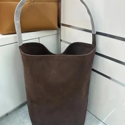 Brown Suede Tote Bag With White Handle