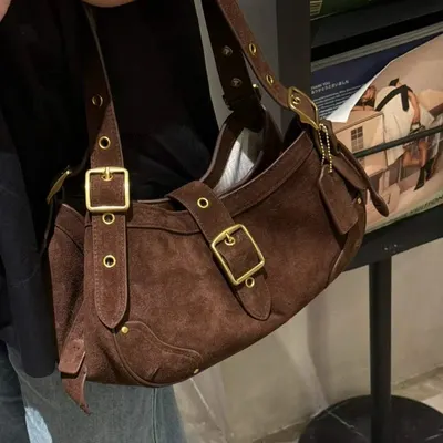 Brown Suede Shoulder Bag With Buckles Vintage Style