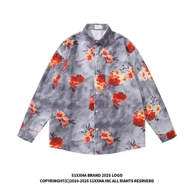51XXHA Floral Print Gray Long Sleeve Shirt
