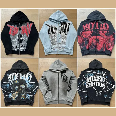 Mixed Emotion Zip Hoodie Black Graphic Streetwear