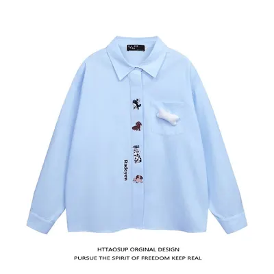 Httaosup Original Design Light Blue Embroidered Casual Shirt