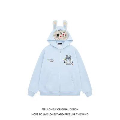 Feel Lonely Rabbit Ear Hoodie Light Blue Casual Sweatshirt