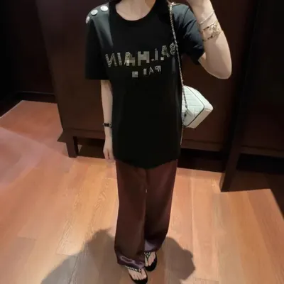 Black Logo Print T-Shirt With Shoulder Buttons Casual Style