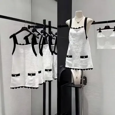 White Lace Sleeveless Dress With Black Trim Casual