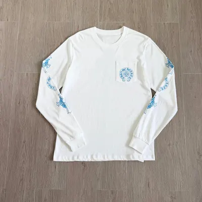 White Long Sleeve T-Shirt With Blue Embroidery Casual