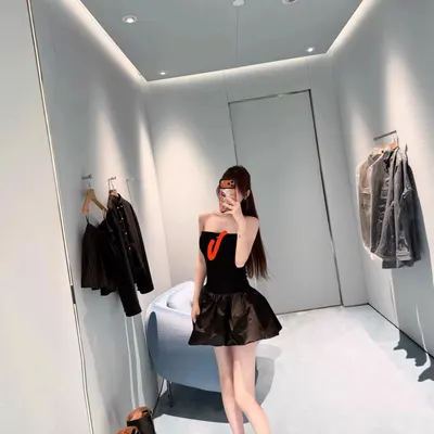 Black Strapless Dress With Orange Logo Elegant Mini Dress