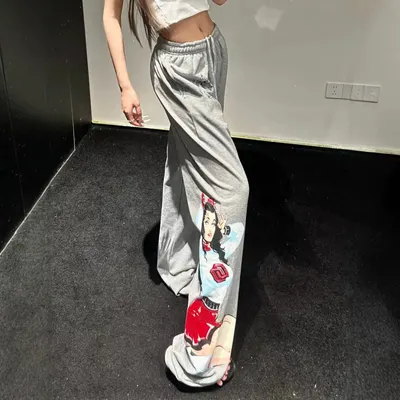 Gray Cartoon Print Wide Leg Sweatpants