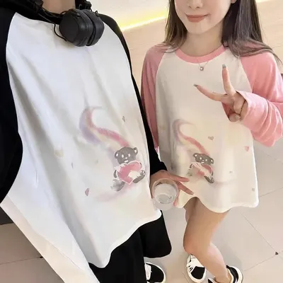 Cute Bear Print White Pink Long Sleeve T-Shirt