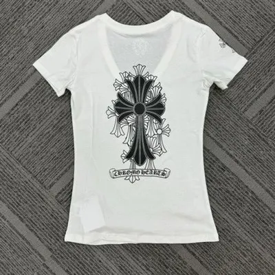 White Cross Print V-Neck T-Shirt