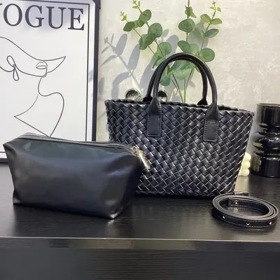 Woven Leather Black Tote Bag Set