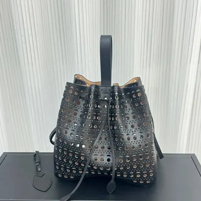 Leather Perforated Black Bucket Bag