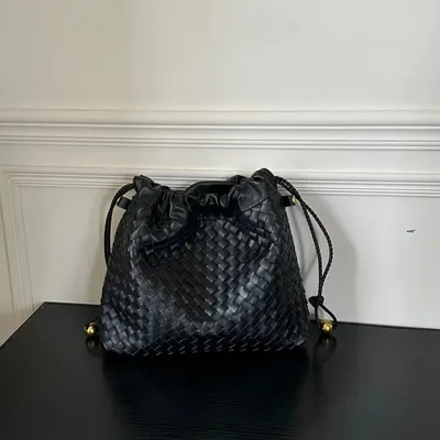 Bottega Veneta Intrecciato Black Leather Drawstring Bag