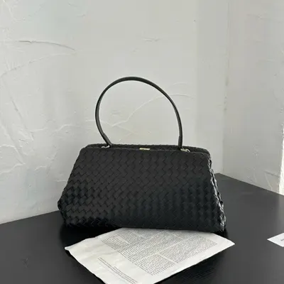 Woven Black Leather Handbag Classic Style