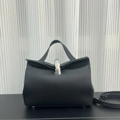 Black Leather Tote Bag With Silver Clasp Elegant Design
