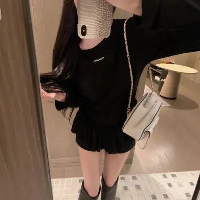 Black Ruffled T-Shirt Dress Casual Women's Outfit
