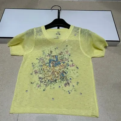 Yellow Embroidered Knit T-Shirt Casual