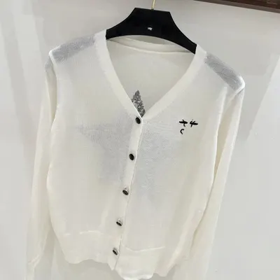 White Knit Cardigan V-Neck Embroidered Casual Sweater