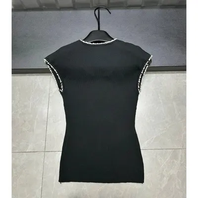 Black Knit Pearl Trim Sleeveless Top